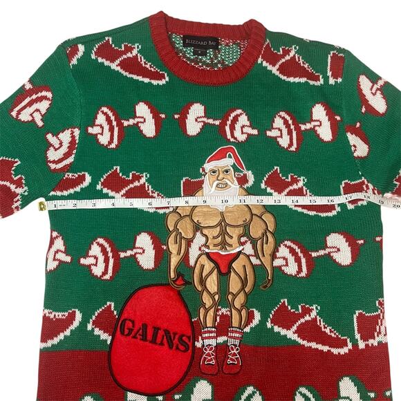 Blizzard Bay Muscle Santa "Gains" Ugly Christmas Sweater Weightlifting Gym Sz S - Picture 6 of 7